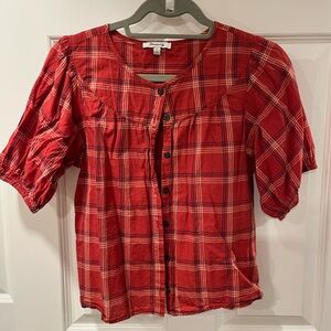 Madewell Red Checkered Puff Sleeve Blouse